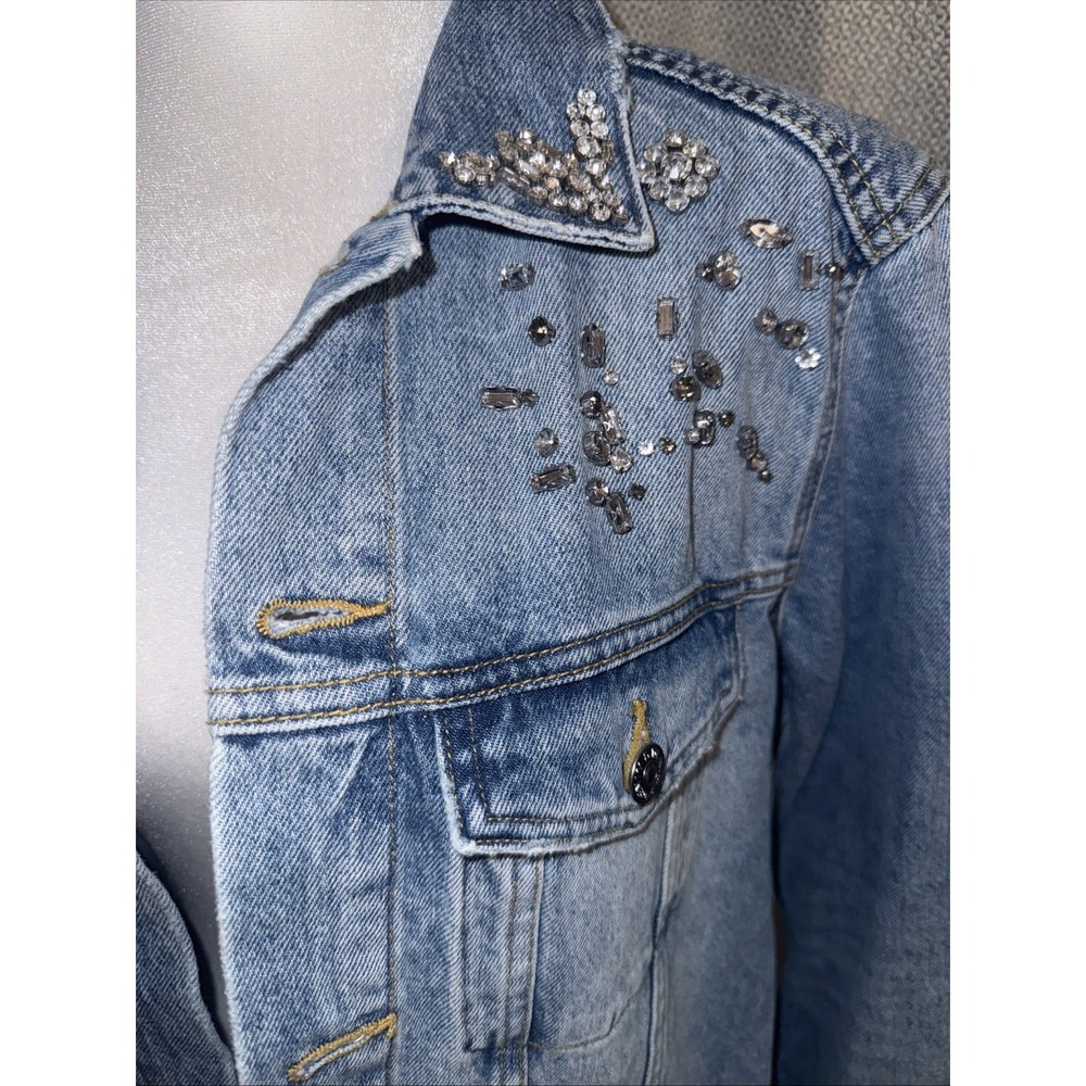 H&M Denim Jacket Women's Size 12 Rhinestone Studded Light Wash NWT Boho